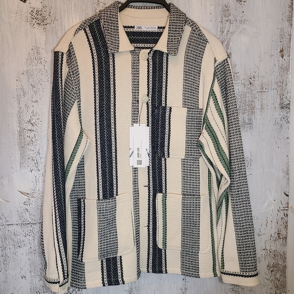 Zara textured overshirt striped man green cream pockets ref 4726 157 - Picture 1 of 7